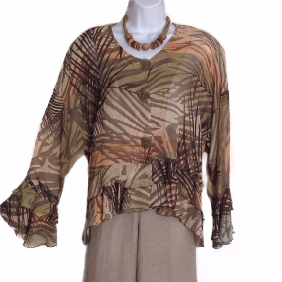 Sheer Cropped Earth Tones Ruffled Lagenlook Blouse - Picture 2 of 4